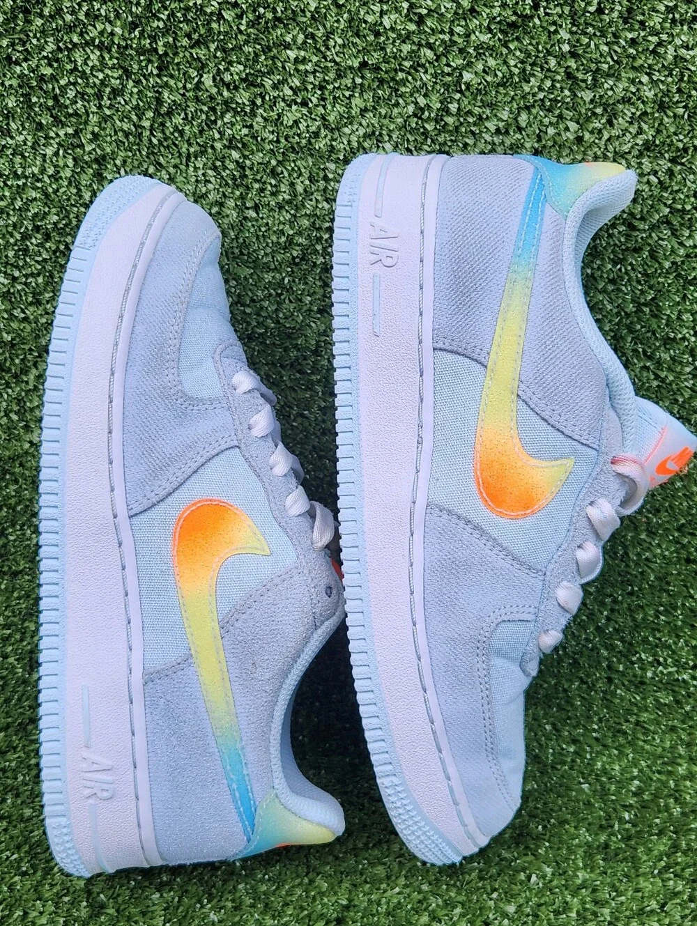 Nike Air Force 1 Big Kids Glacier Blue/Orange Leather Sneakers Size 4.5 Youth